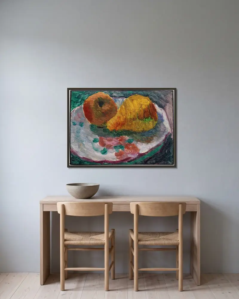 Stillleben mit Fayenceteller und Früchten av Alexej von Jawlensky inramad på en vägg