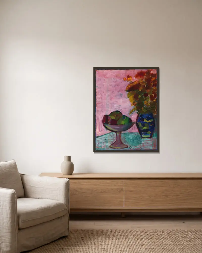 Stillleben mit Fruchtschale und Blumenvase von Alexej von Jawlensky gerahmt an einer Wand