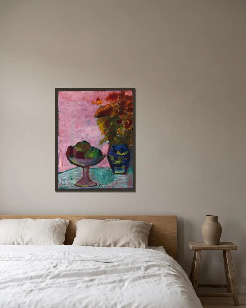 Stillleben mit Fruchtschale und Blumenvase von Alexej von Jawlensky gerahmt an einer Wand