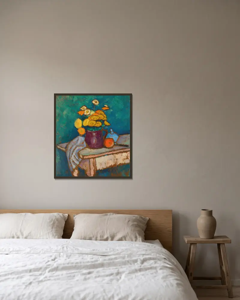 Stillleben mit Tuch, Blumen im Krug, Apfel und Behälter auf Tisch av Alexej von Jawlensky inramad på en vägg