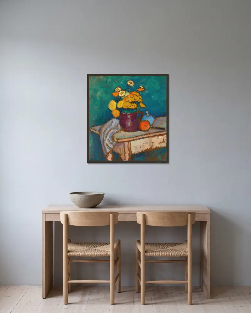 Stillleben mit Tuch, Blumen im Krug, Apfel und Behälter auf Tisch av Alexej von Jawlensky inramad på en vägg