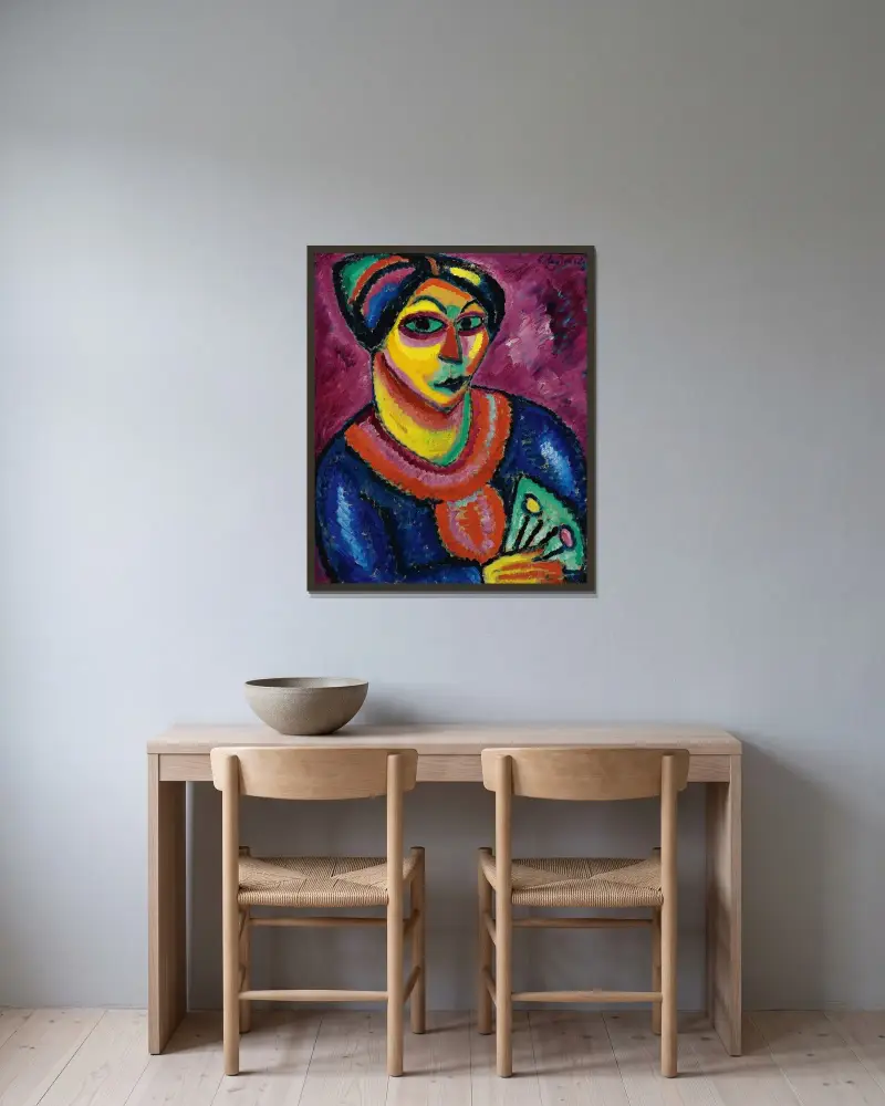 Woman With A Green Fan av Alexej von Jawlensky inramad på en vägg
