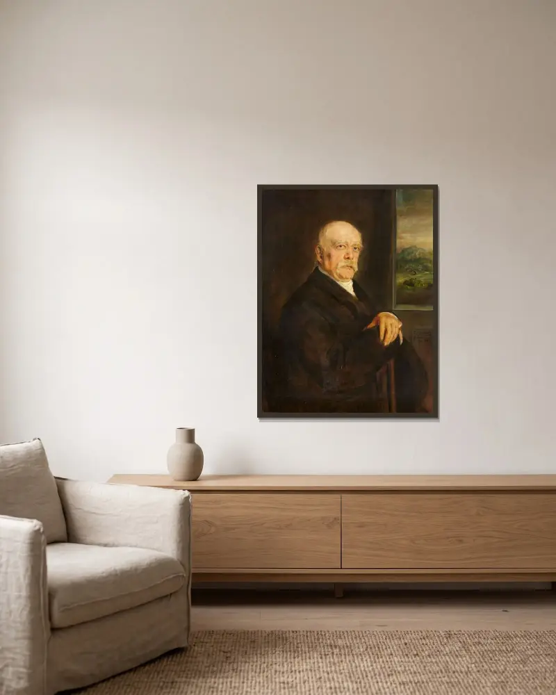 Otto von Bismarck i halvfigur mot landskapsutsnitt av Franz von Lenbach inramad på en vägg