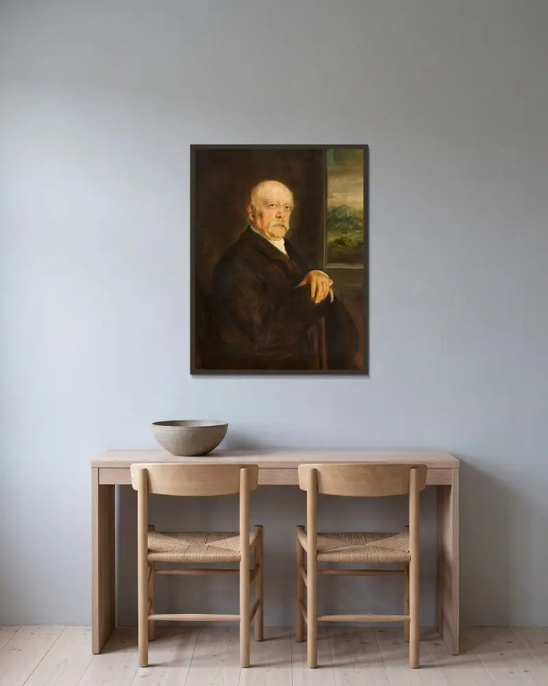Otto von Bismarck i halvfigur mot landskapsutsnitt av Franz von Lenbach inramad på en vägg