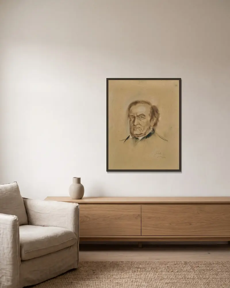Porträttbyst av Richard Wagner (1813–1883) av Franz von Lenbach inramad på en vägg