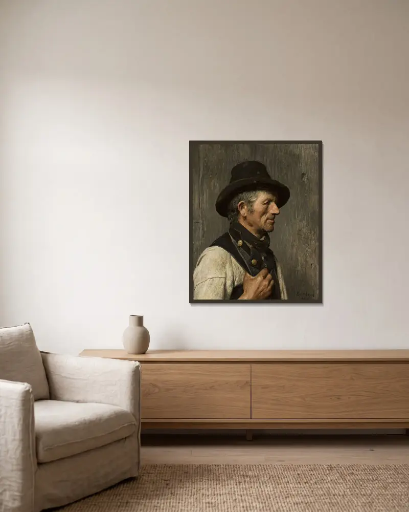 Porträtt av bonde i hatt av Franz von Lenbach inramad på en vägg