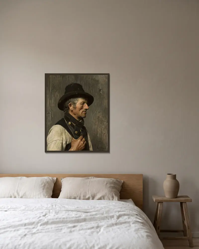 Porträtt av bonde i hatt av Franz von Lenbach inramad på en vägg