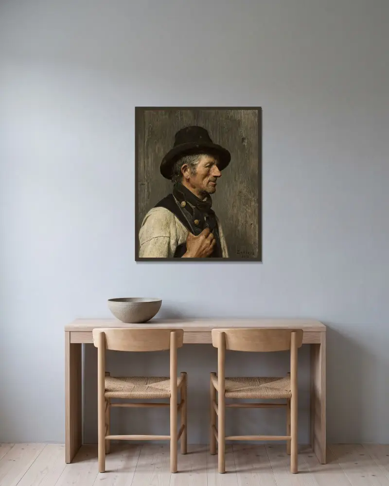 Porträtt av bonde i hatt av Franz von Lenbach inramad på en vägg