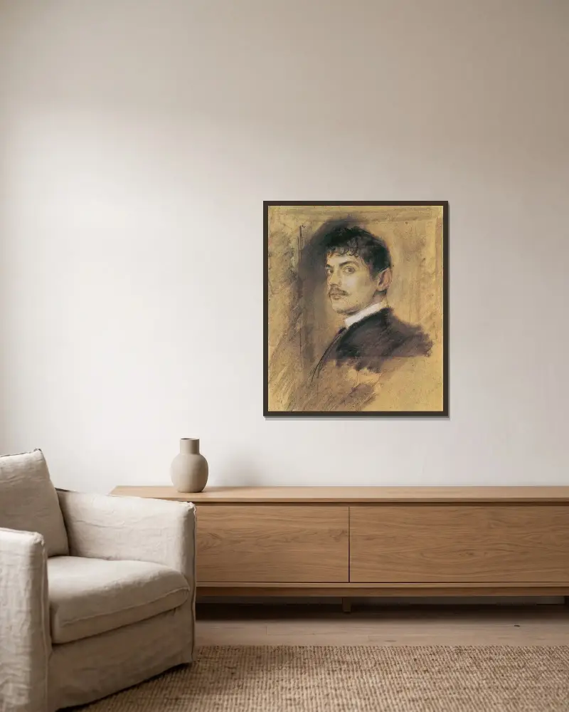Porträtt av Franz von Stuck av Franz von Lenbach inramad på en vägg