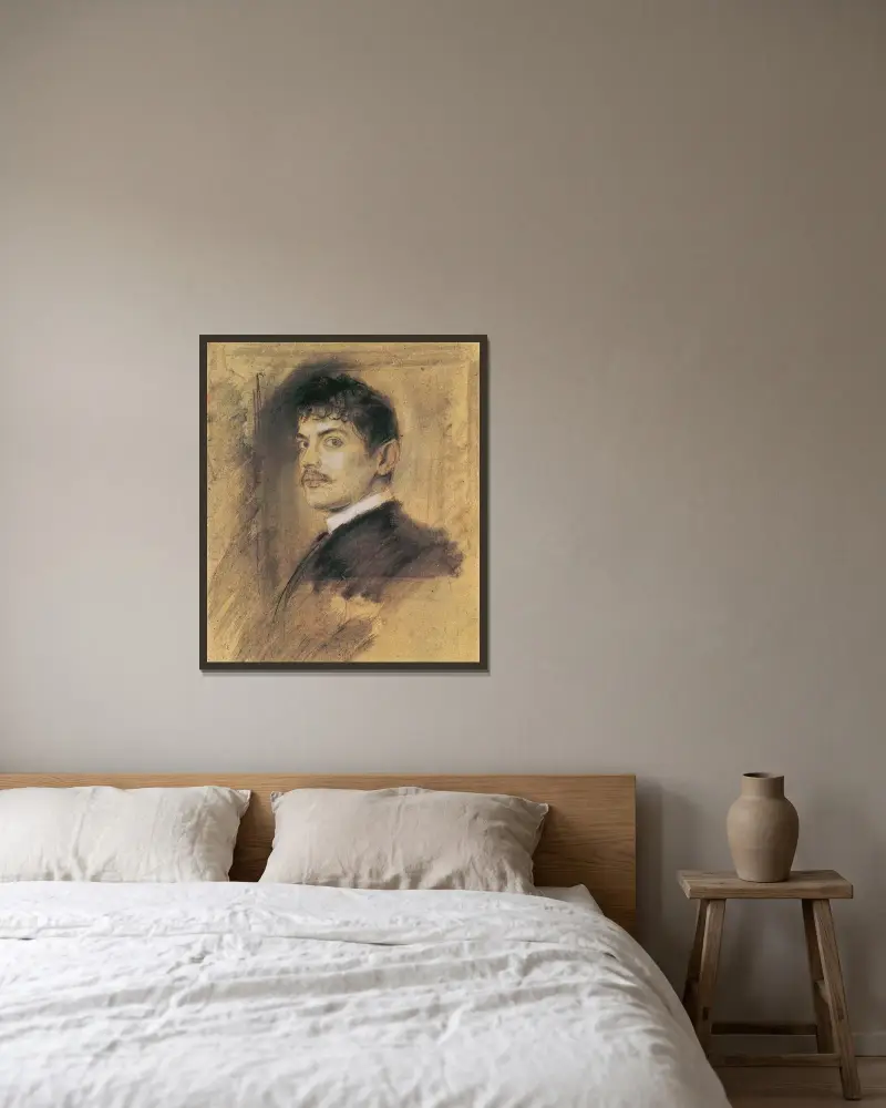 Porträtt av Franz von Stuck av Franz von Lenbach inramad på en vägg