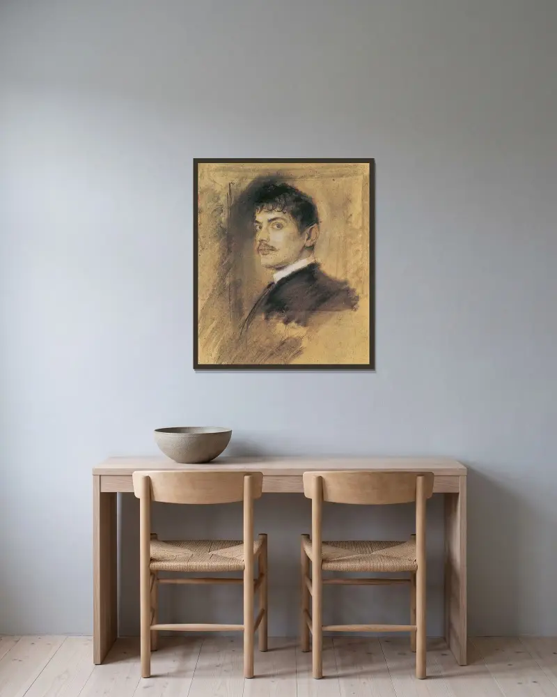 Porträtt av Franz von Stuck av Franz von Lenbach inramad på en vägg