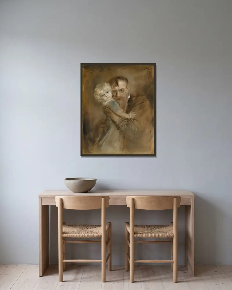 Självporträtt med dottern Marion av Franz von Lenbach inramad på en vägg