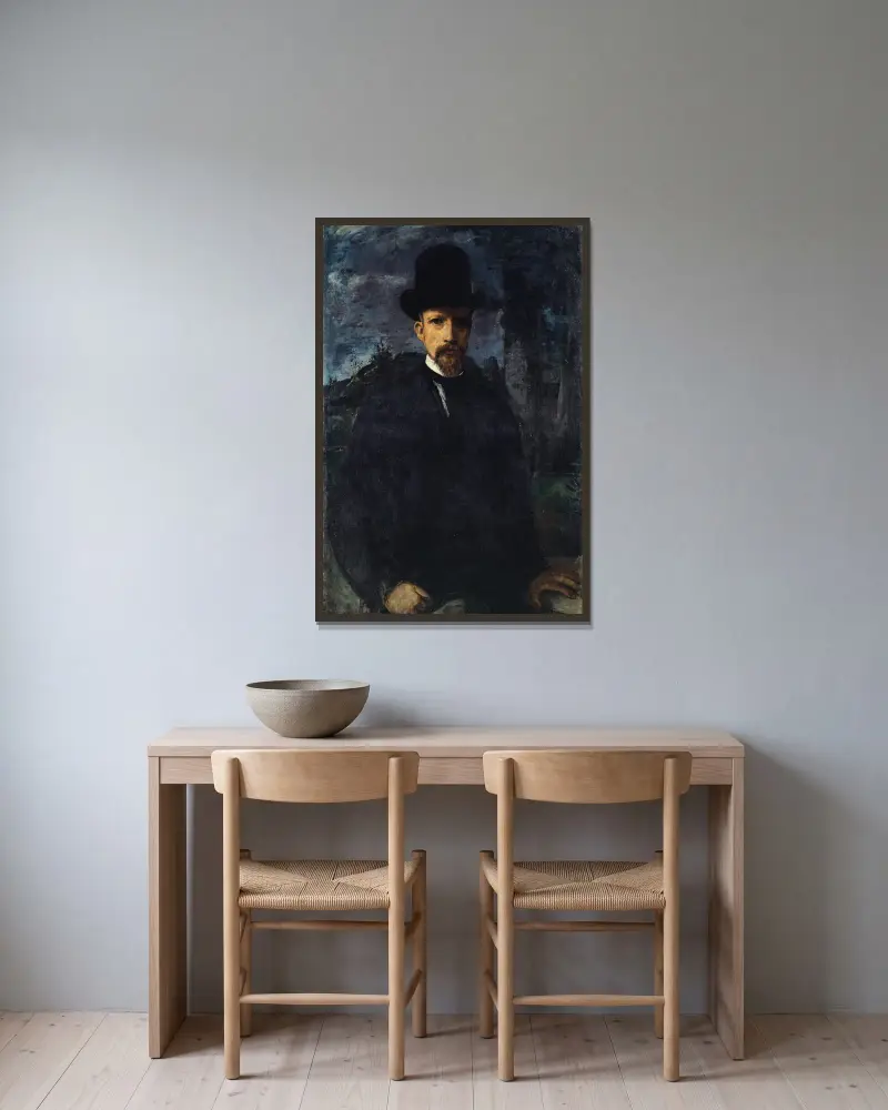 Selbstbildnis mit hohem Hut von Hans Von Marées gerahmt an einer Wand