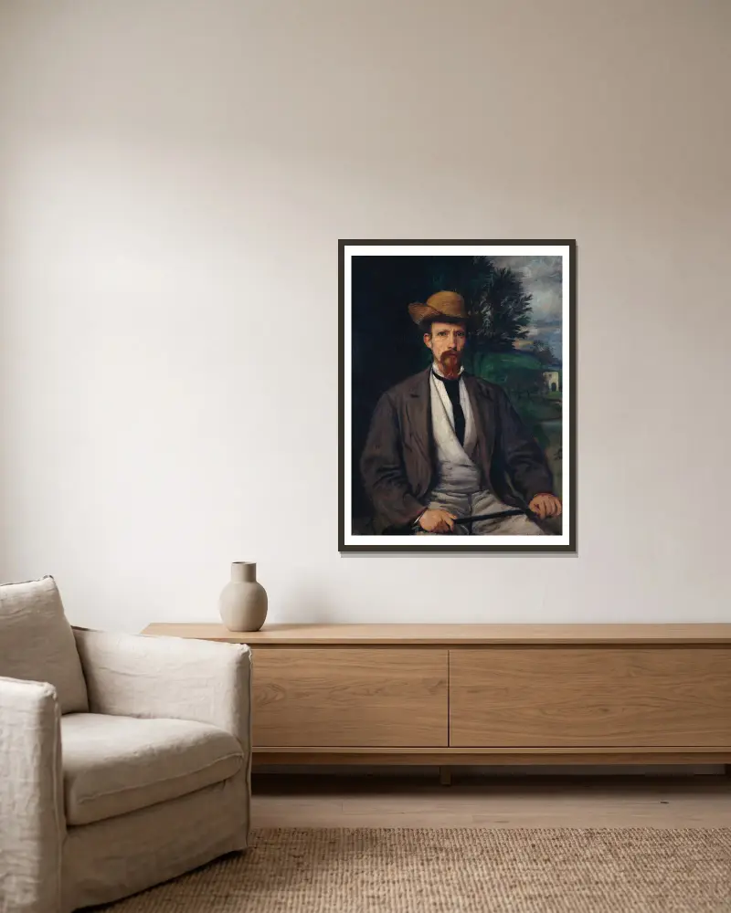 Selbstbildnis mit gelbem Hut von Hans Von Marées gerahmt an einer Wand