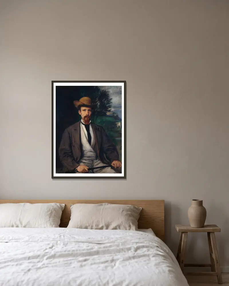 Selbstbildnis mit gelbem Hut von Hans Von Marées gerahmt an einer Wand