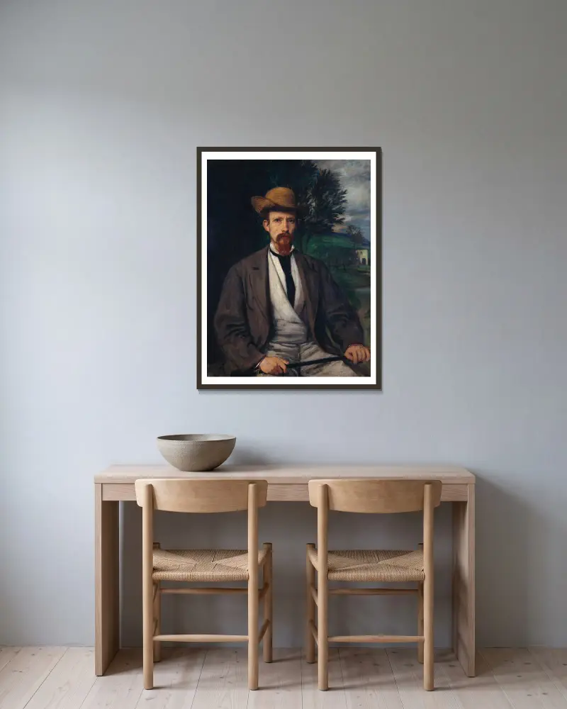 Selbstbildnis mit gelbem Hut von Hans Von Marées gerahmt an einer Wand