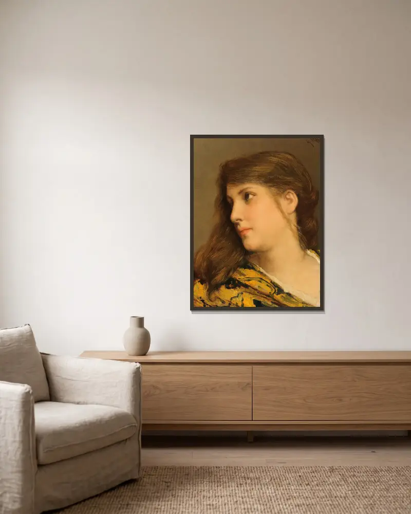 A Girl’s Head Turned to the Left av Gabriel von Max inramad på en vägg