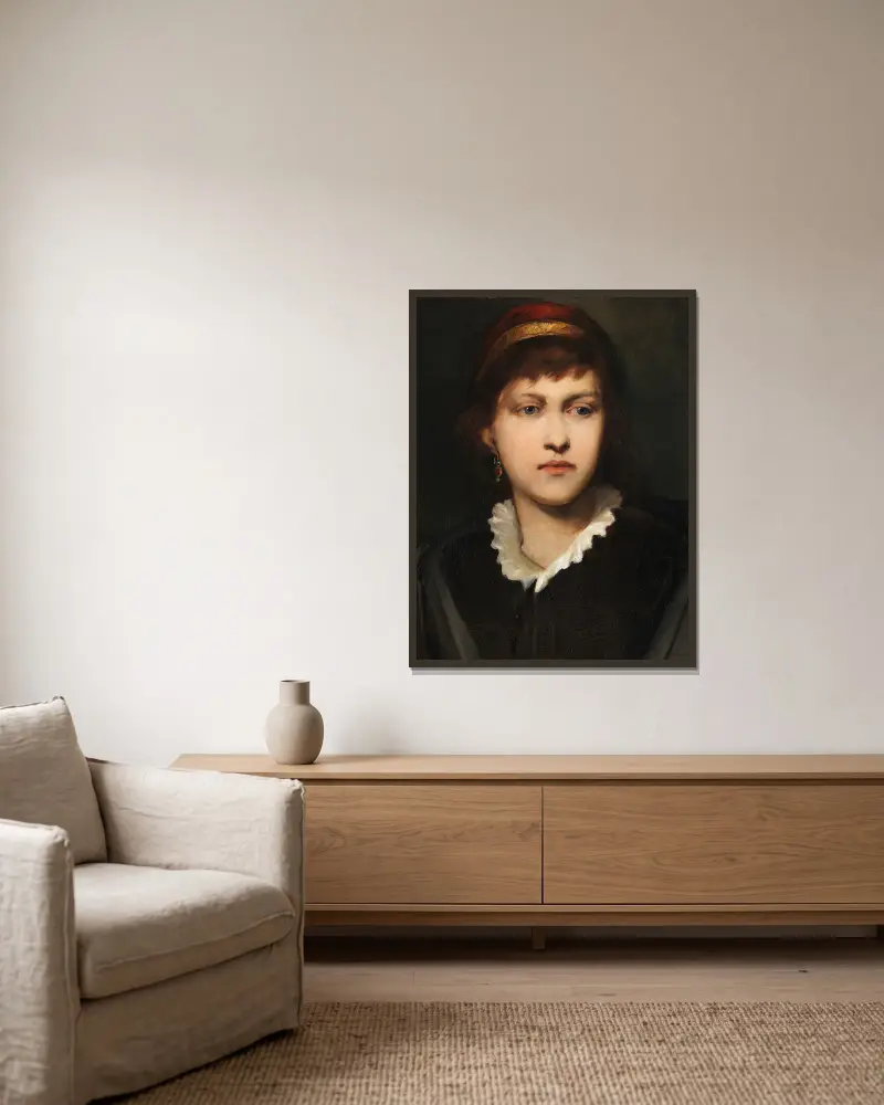 Bildnis eines Mädchens mit Haube und Ohrschmuck av Gabriel von Max inramad på en vägg