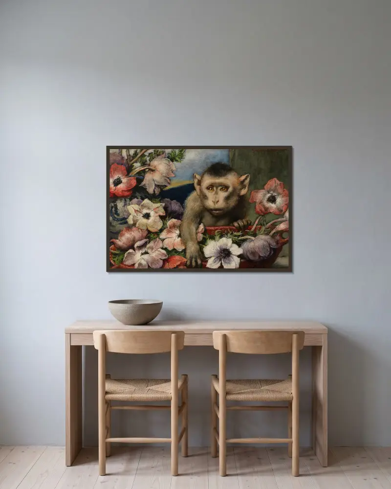 Narozeninové květiny (Opice s anemonkami), Gabriel von Max v rámu na stěně