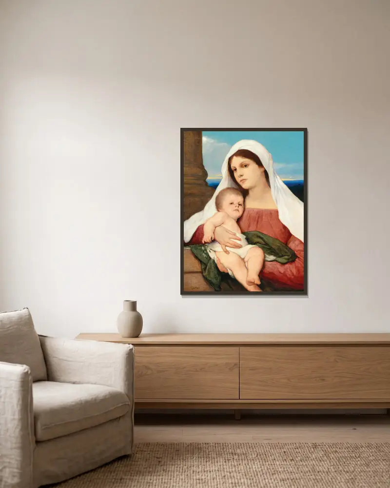 Madonna And Child In An Open Landscape av Gabriel von Max inramad på en vägg