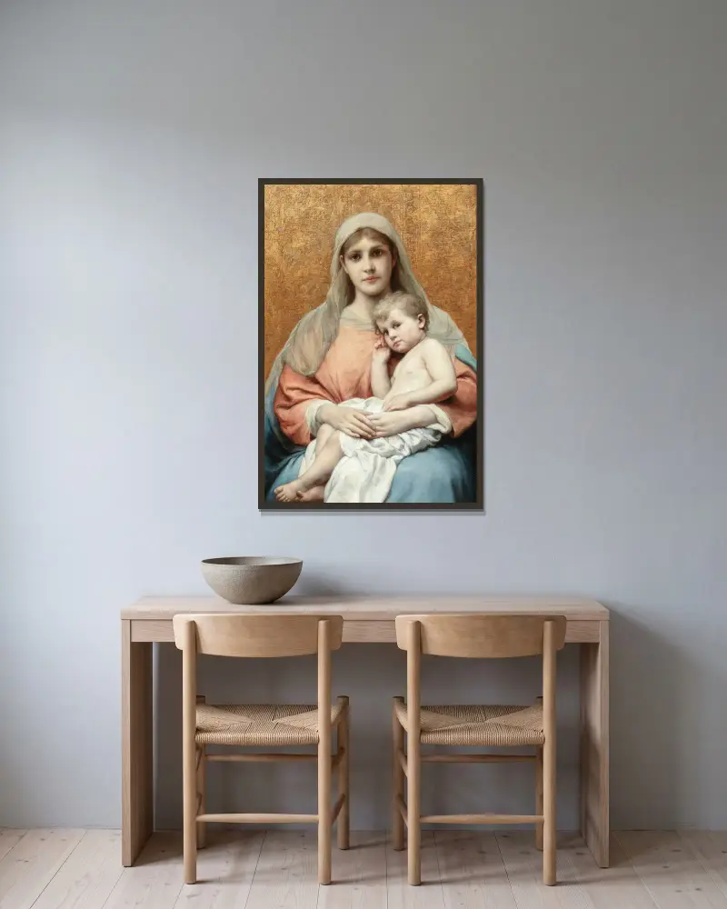 Madonna mit Kind von Gabriel von Max gerahmt an einer Wand
