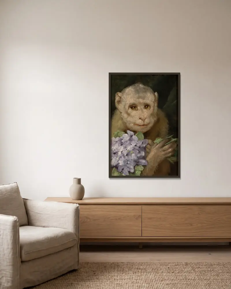 Monkey with a bouquet of violets av Gabriel von Max inramad på en vägg