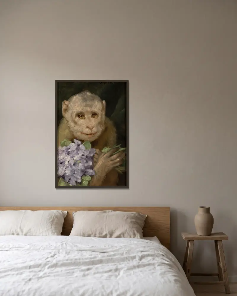 Monkey with a bouquet of violets av Gabriel von Max inramad på en vägg