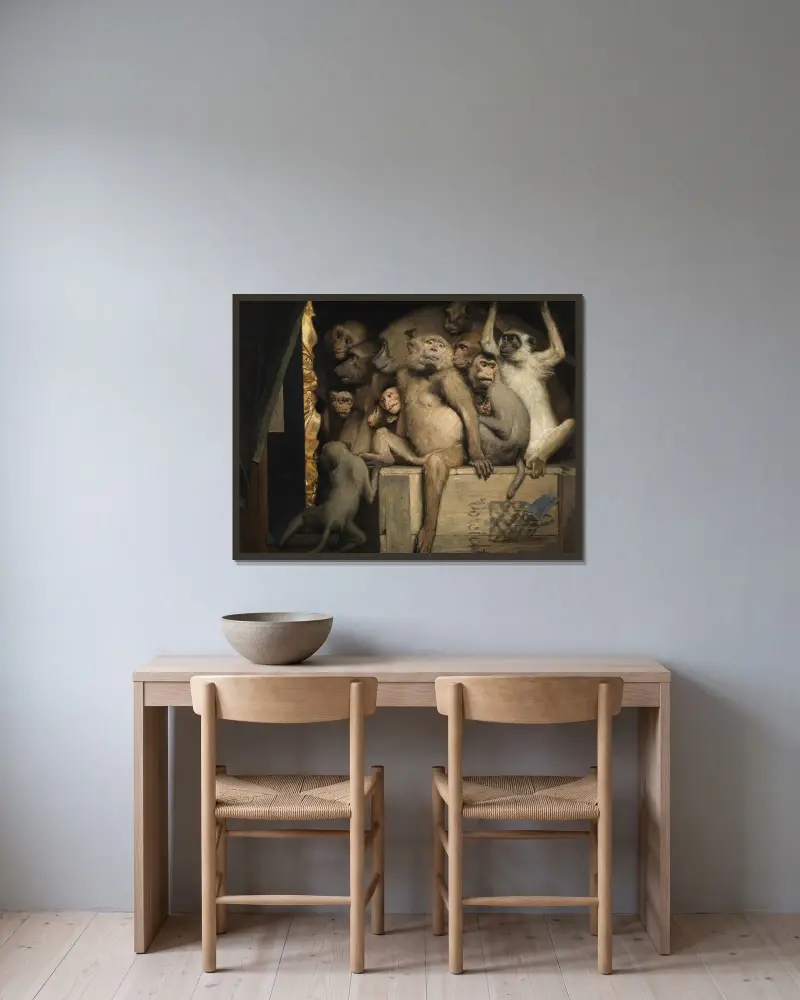Monkeys as Judges of Art av Gabriel von Max inramad på en vägg