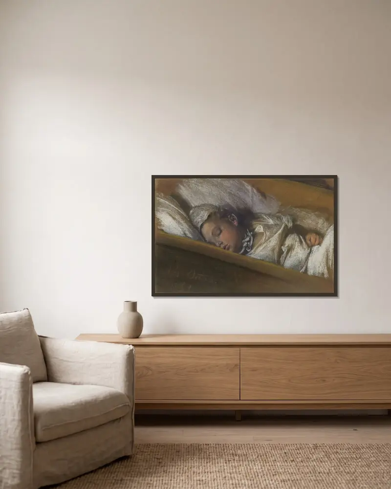 Ett sovande spädbarn i sin vagga av Adolph von Menzel inramad på en vägg