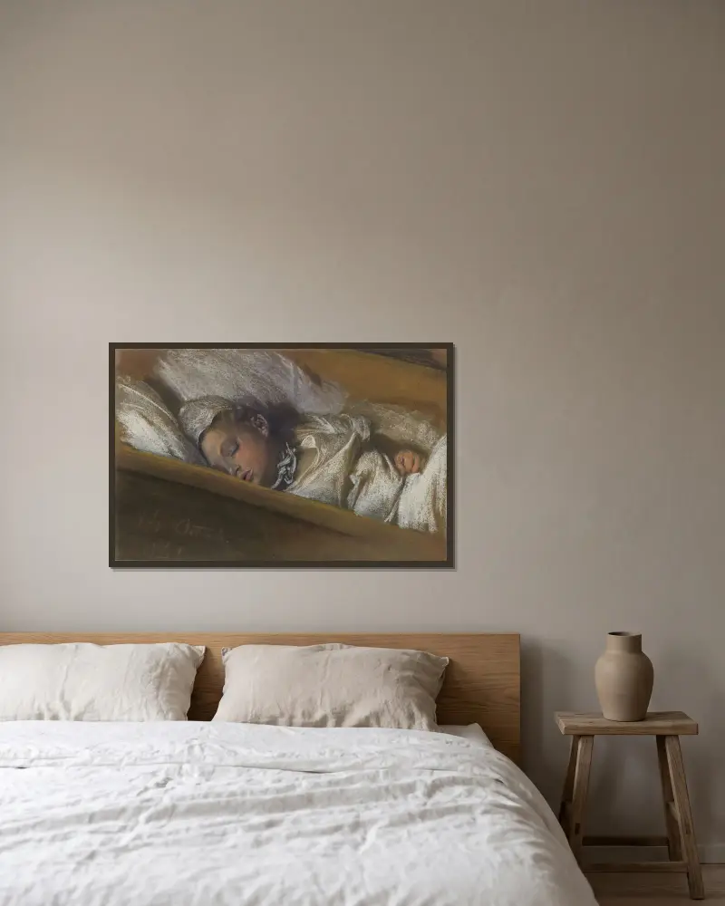 Ett sovande spädbarn i sin vagga av Adolph von Menzel inramad på en vägg