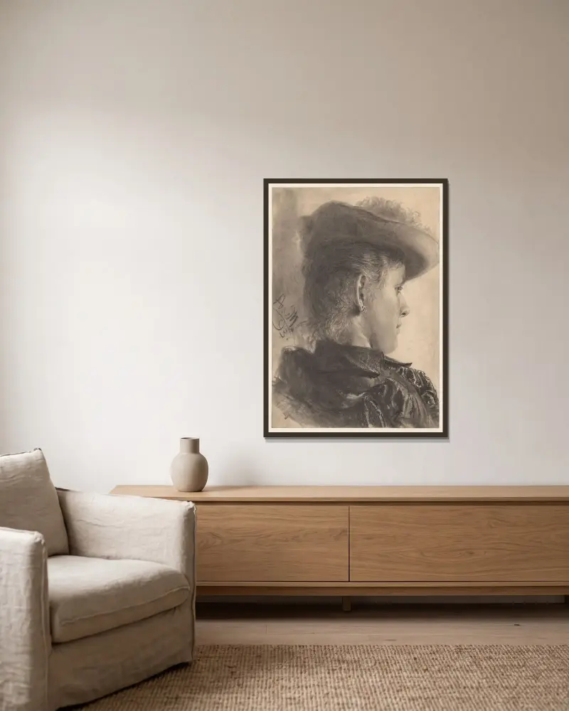 Kvinna i halvfigur, sedd bakifrån av Adolph von Menzel inramad på en vägg
