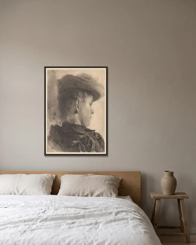 Kvinna i halvfigur, sedd bakifrån av Adolph von Menzel inramad på en vägg