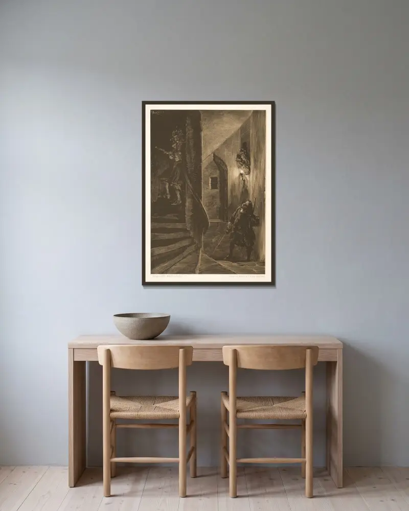 Jakt i den slingrande trappan av Adolph von Menzel inramad på en vägg
