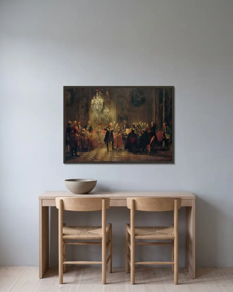 Konsert för flöjt med Fredrik den store i Sanssouci av Adolph von Menzel inramad på en vägg