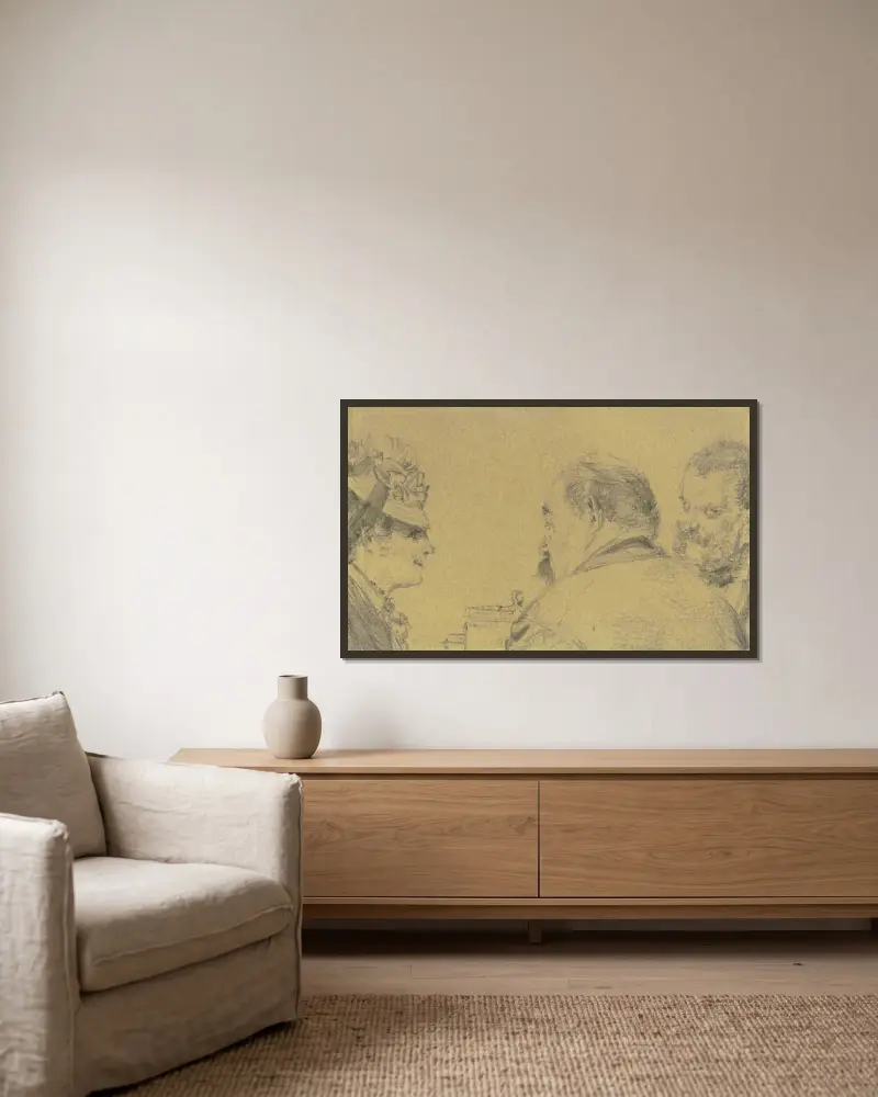 Dam med kapotthatt i samspråk med två herrar av Adolph von Menzel inramad på en vägg