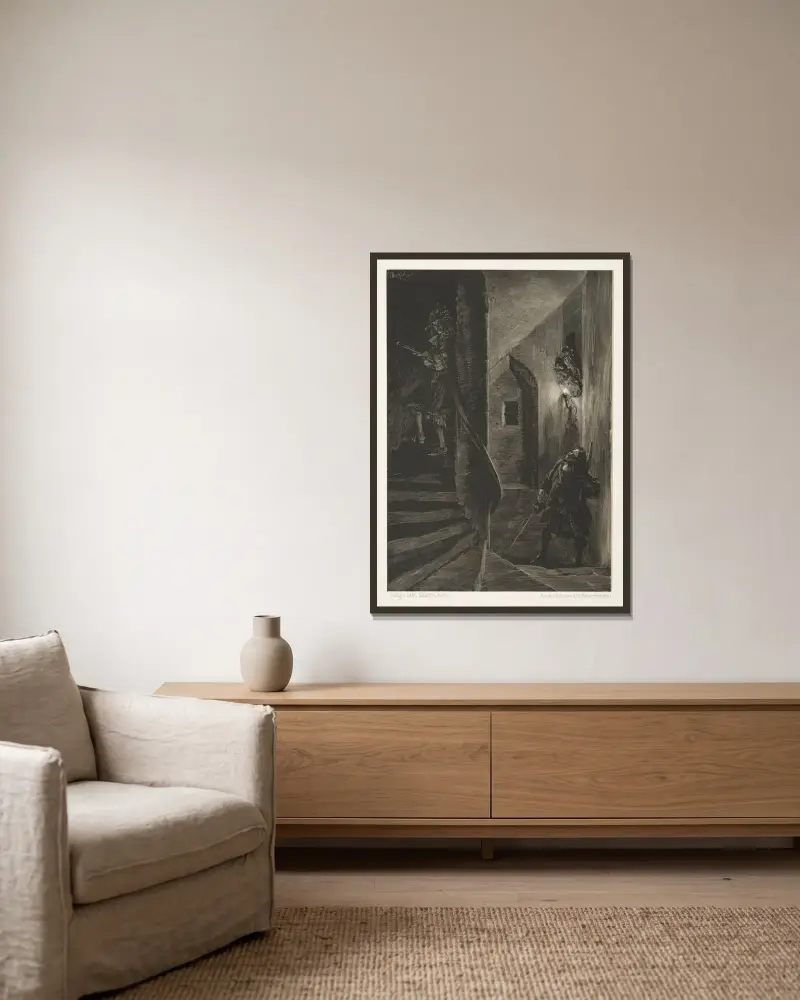Essay on Stone with Brush and Scraper; Chase on the Winding Staircase av Adolph von Menzel inramad på en vägg
