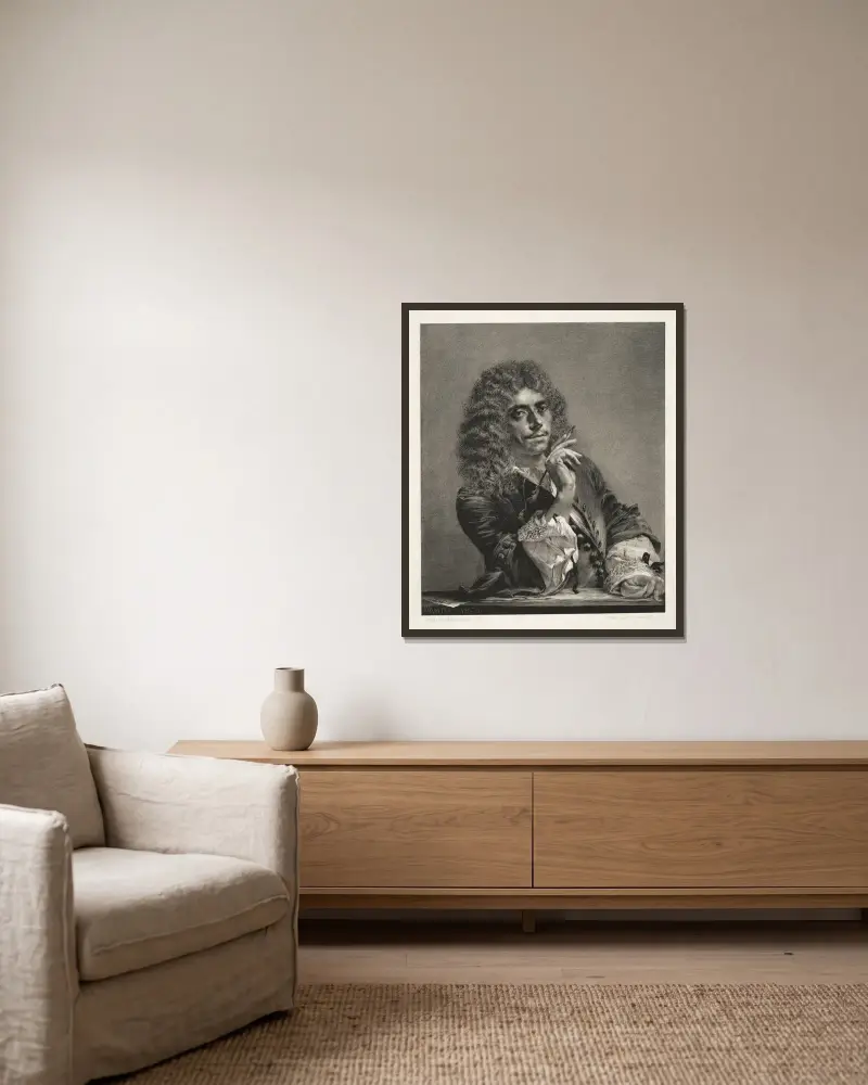 Essä om sten med pensel och skrapa; Porträtt av Molière av Adolph von Menzel inramad på en vägg
