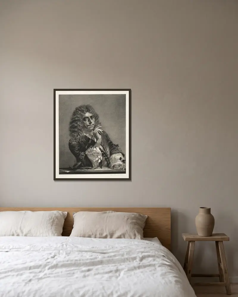 Essä om sten med pensel och skrapa; Porträtt av Molière av Adolph von Menzel inramad på en vägg