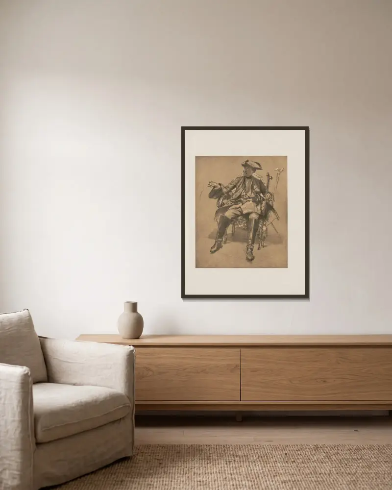 Fredrik den store i fåtölj av Adolph von Menzel inramad på en vägg
