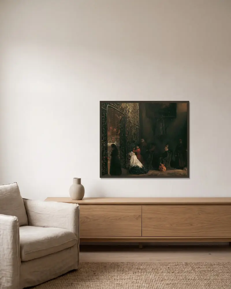 Tidig mässa av Adolph von Menzel inramad på en vägg