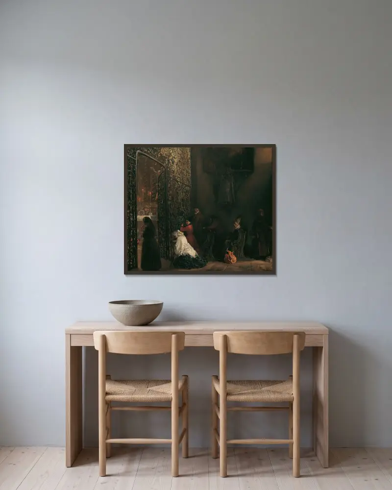 Tidig mässa av Adolph von Menzel inramad på en vägg