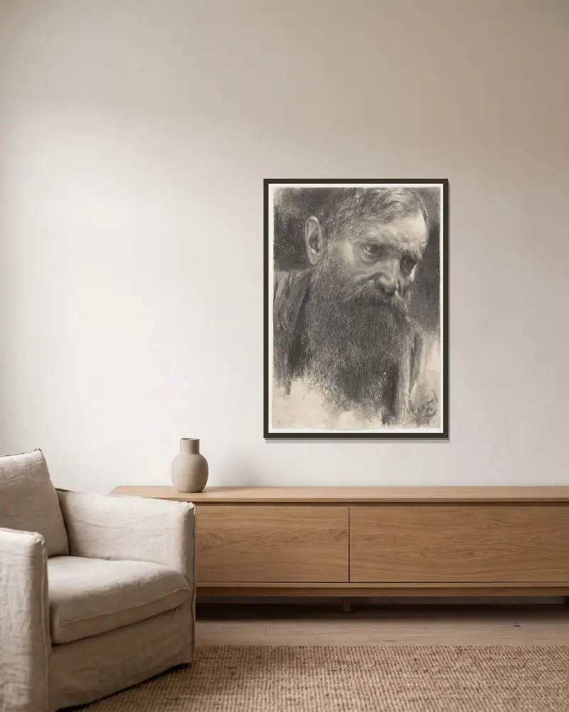Huvud av skäggig man i halvprofil av Adolph von Menzel inramad på en vägg