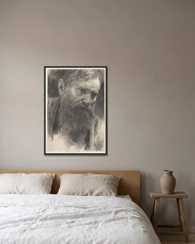 Huvud av skäggig man i halvprofil av Adolph von Menzel inramad på en vägg