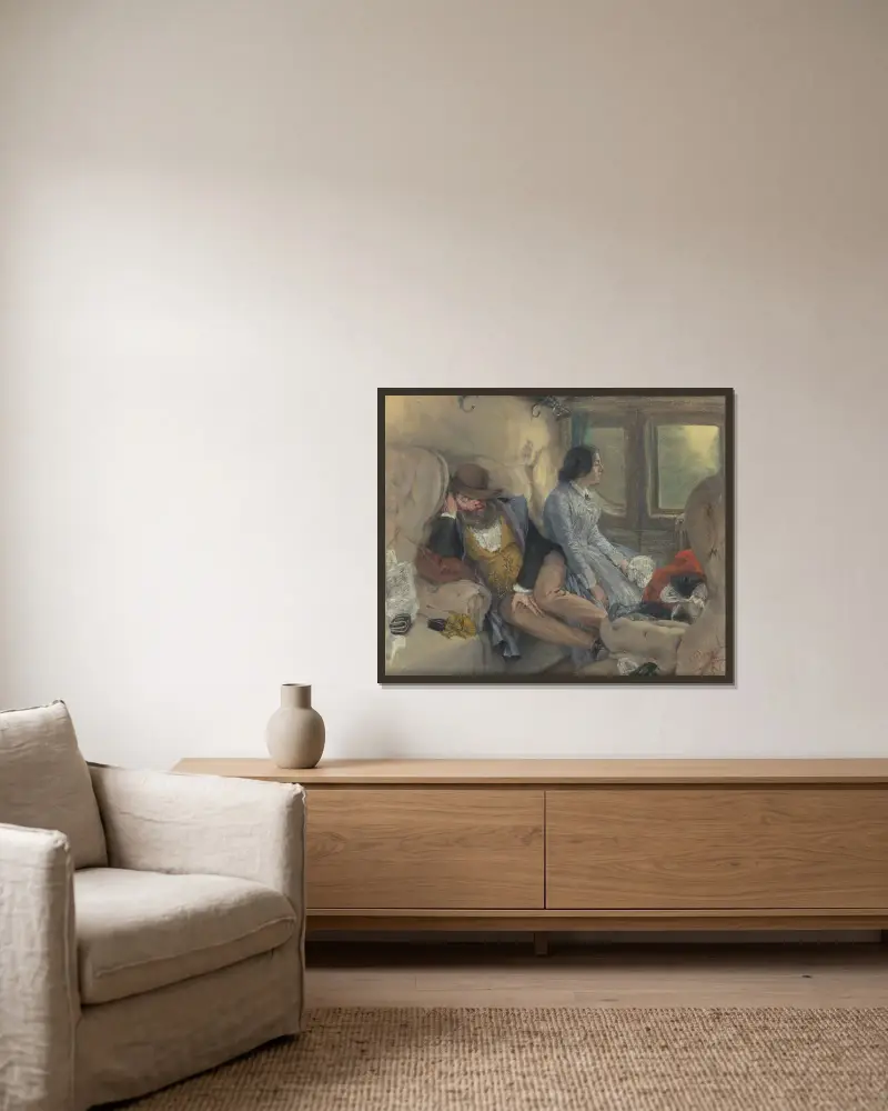 I järnvägskupén (efter genomförd natt) av Adolph von Menzel inramad på en vägg