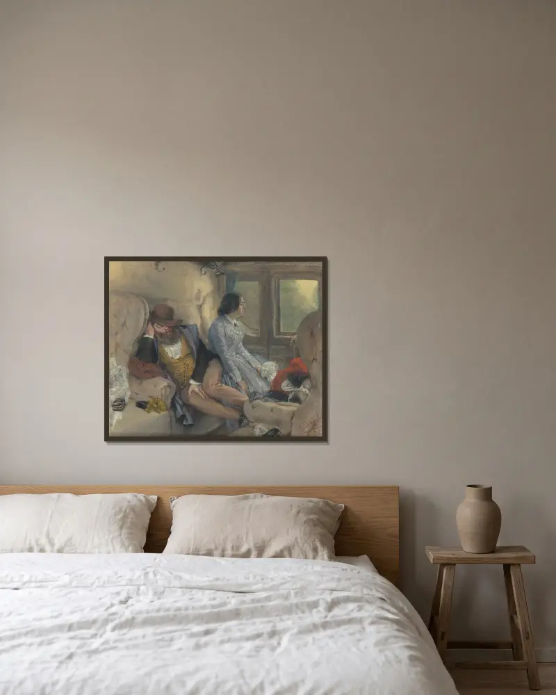 I järnvägskupén (efter genomförd natt) av Adolph von Menzel inramad på en vägg