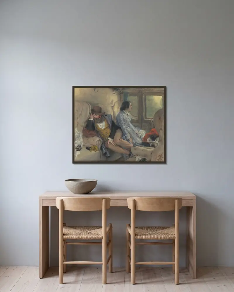 I järnvägskupén (efter genomförd natt) av Adolph von Menzel inramad på en vägg