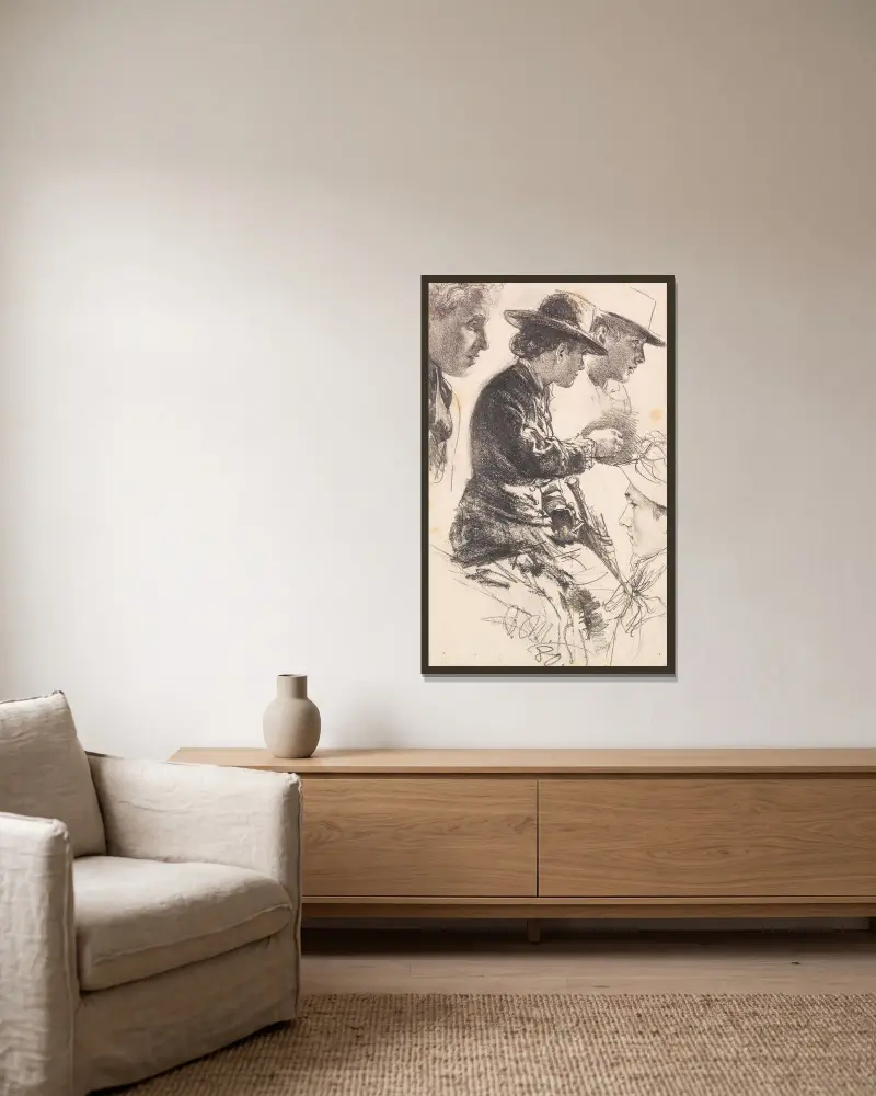 Studie av sittande dam med hatt, parasoll och börs av Adolph von Menzel inramad på en vägg