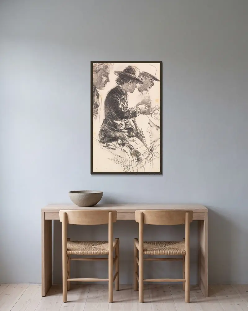 Studie av sittande dam med hatt, parasoll och börs av Adolph von Menzel inramad på en vägg