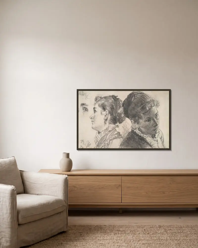 Studier av en ung kvinna av Adolph von Menzel inramad på en vägg