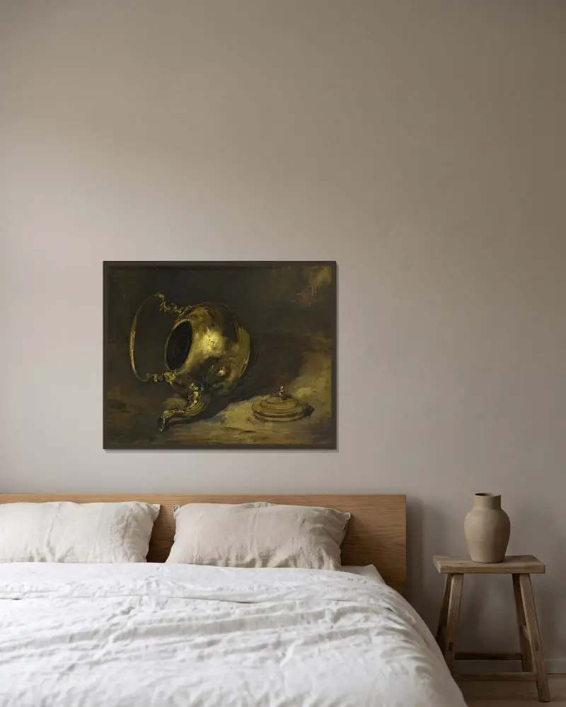 Omkullvält tekanna av Adolph von Menzel inramad på en vägg